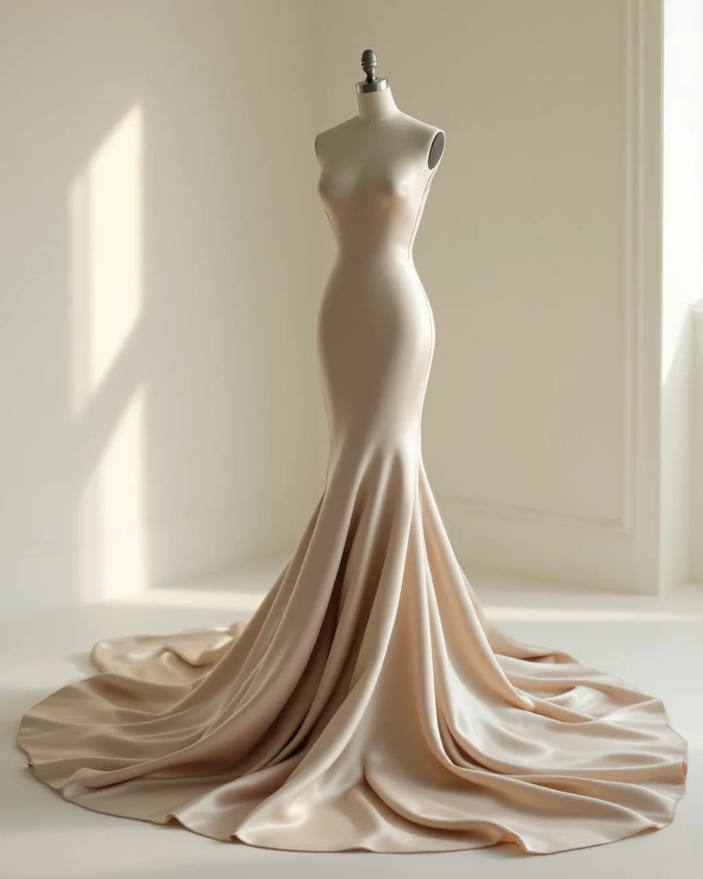 Robe sirène en satin champagne sur un buste, dans un studio ivoire