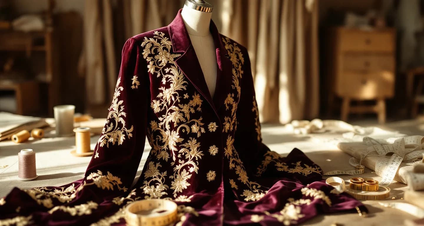 Karakou de velours prune brodé de fil d'or, posé sur un buste dans l'atelier