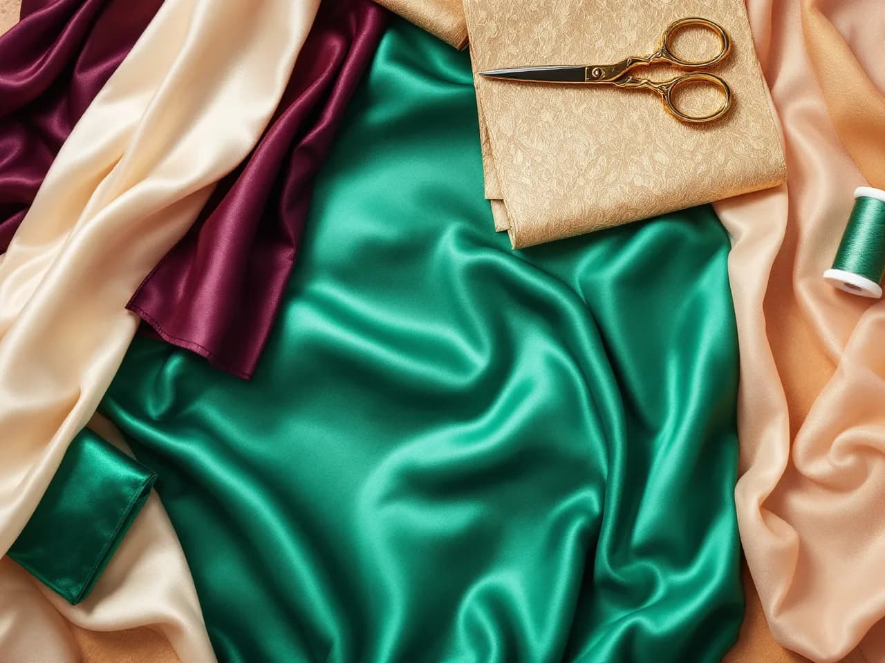Nuancier d'étoffes : satin ivoire, soie émeraude, velours prune, brocart doré, organza rosé