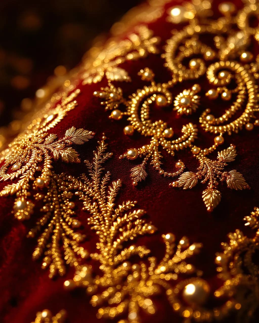 Broderie fetla de fil d'or et perles sur velours bordeaux